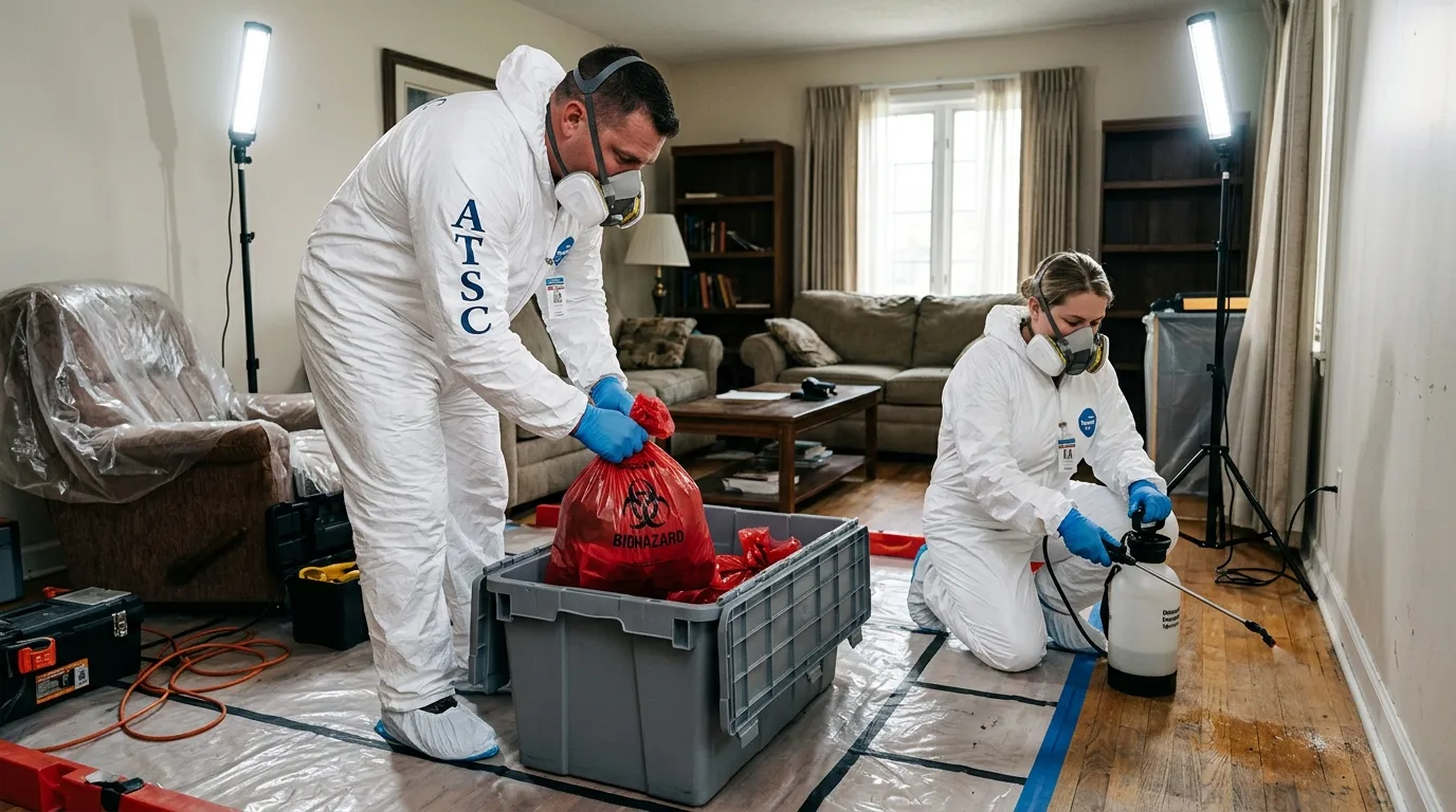 Professional Unattended Death Cleanup technician in full PPE working in Troy